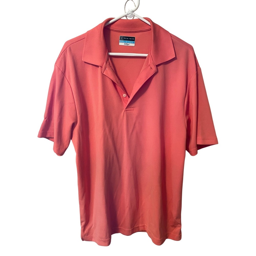 PGA Tour Airflux Mens Large Coral Pink Short Sleeve Golf Polo Shirt Mesh Knit